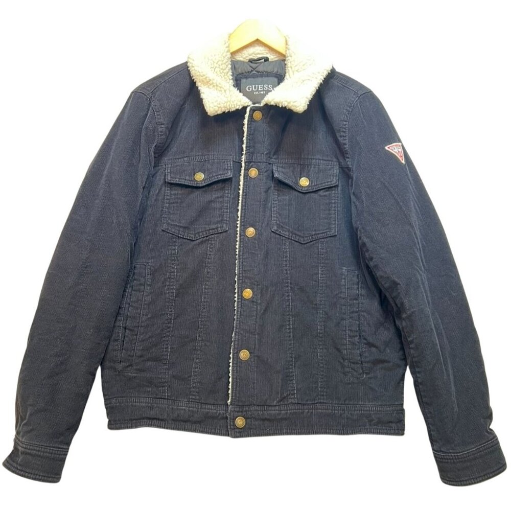 Guess Men's Sherpa Collar Corduroy Bomber Jacket Long Sleeve Size M Blue Pockets